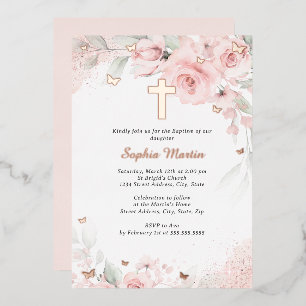 Girl Pink Blush Rose Gold Cross Bloral Taufe Folieneinladung