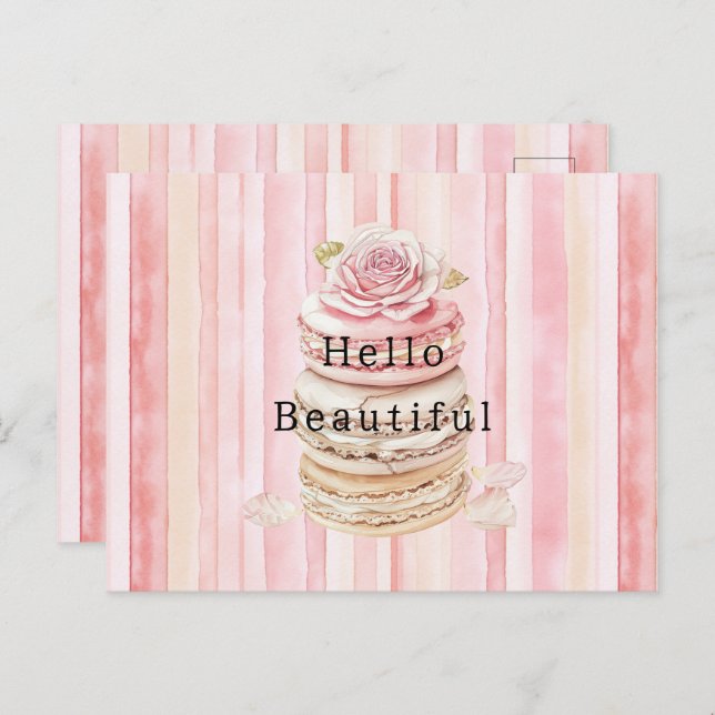 Girl Pink Blush White Stripes Macaroons Postkarte (Vorne/Hinten)