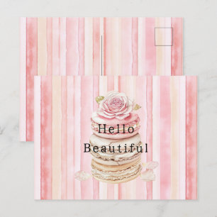 Girl Pink Blush White Stripes Macaroons Postkarte