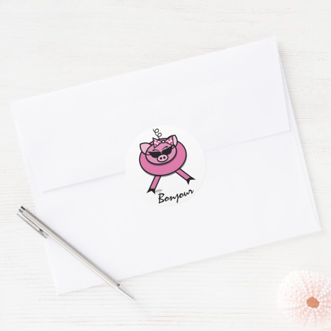 Girl Pink Bonjour Pig Round Sticker (Umschlag)
