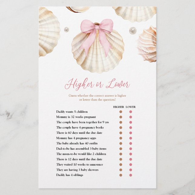 Girl Pink Bow Shell Baby Shower Higher or Lower  (Vorderseite)
