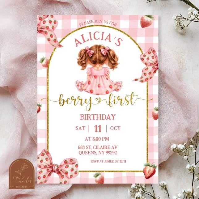 Girl Pink Bow strawberry berry sweet invitation Einladung (Von Creator hochgeladen)
