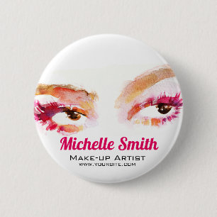 Girl Pink Brown Watercolor Eye Makeup Artist Button