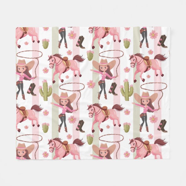 Girl Pink Cowgirl Horse Rodeo Western Design Fleecedecke (Vorderseite (Horizontal))