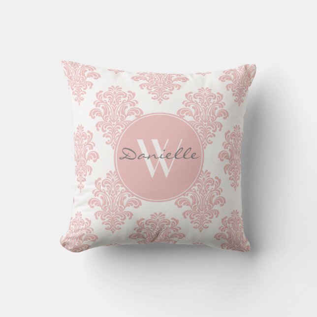 Girl Pink Damask Monogram Kissen (Vorderseite)