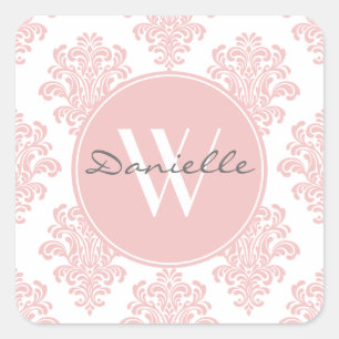 Girl Pink Damask Monogram Quadratischer Aufkleber
