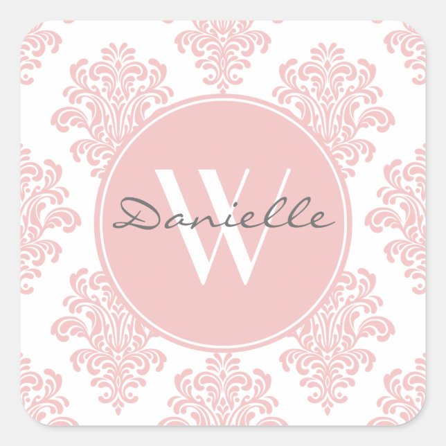 Girl Pink Damask Monogram Quadratischer Aufkleber (Vorderseite)