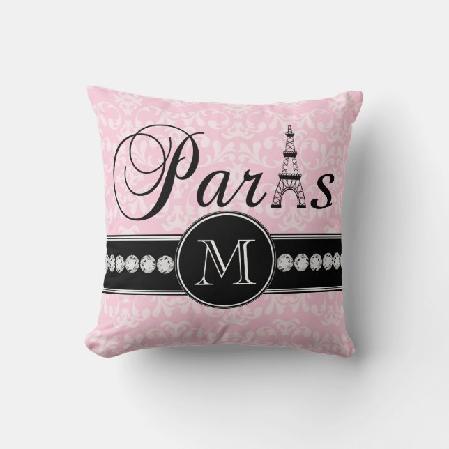 Girl Pink Damask Paris Mit Monogramm Kissen (Vorderseite)