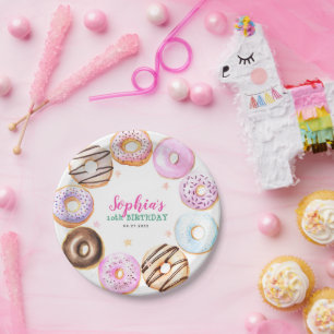 Girl Pink Donuts Geburtstagsparty Watercolor Pappteller