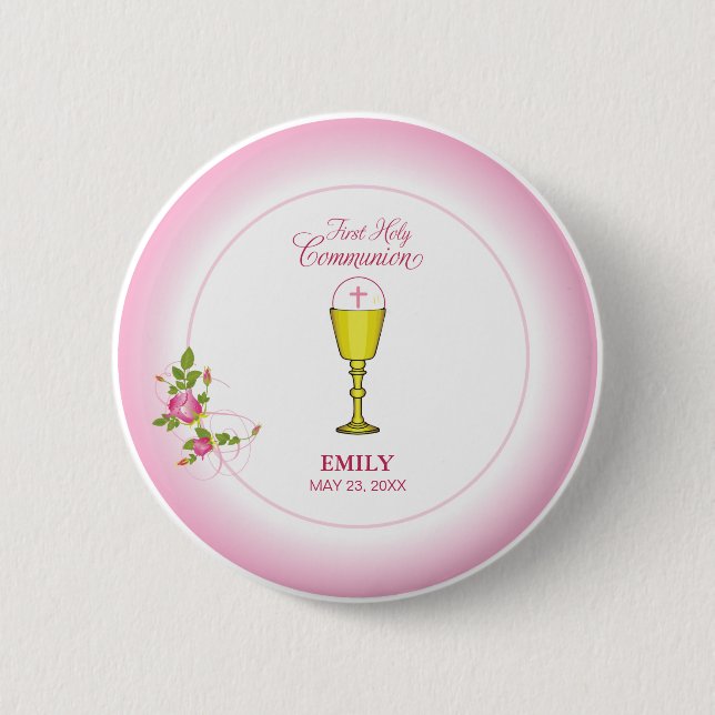 Girl Pink Erste heilige Kommunion, Chalice, Gastge Button (Vorderseite)