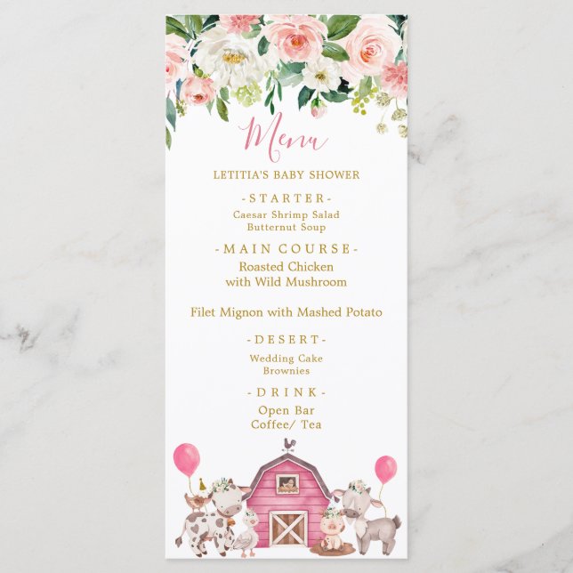 Girl Pink Farm Baby Showmenü Menükarte (Vorderseite)