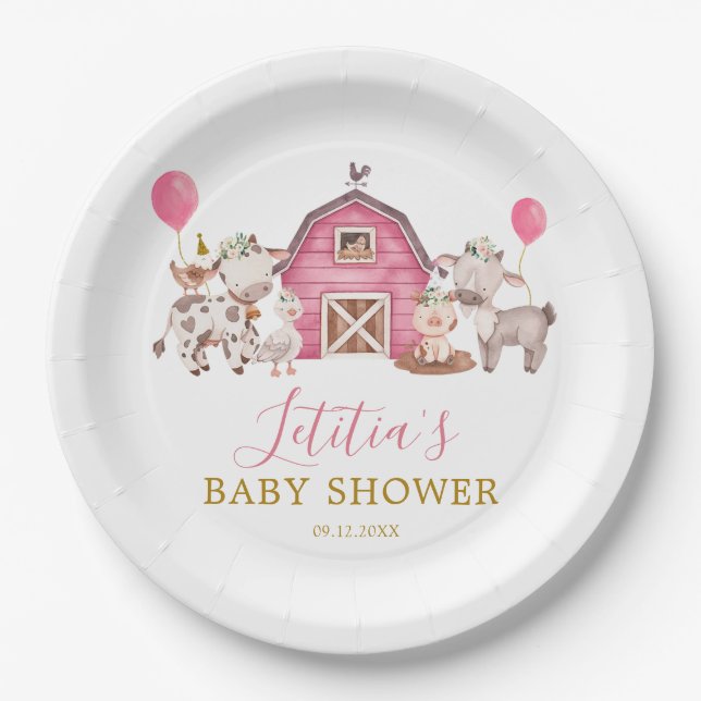 Girl Pink Farm Babydusche Papierplatte Pappteller (Vorderseite)