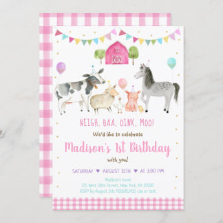 Girl Pink Farm Geburtstag Einladung