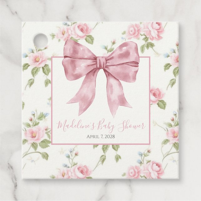 Girl Pink Floral Bow & Gingham Geschenkanhänger (Vorderseite)