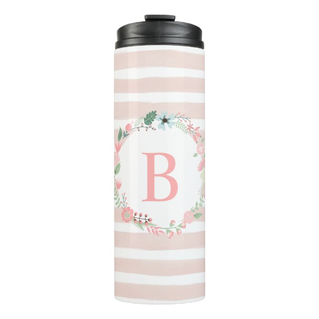 Girl Pink Floral Monogram Thermosbecher (Vorderseite)