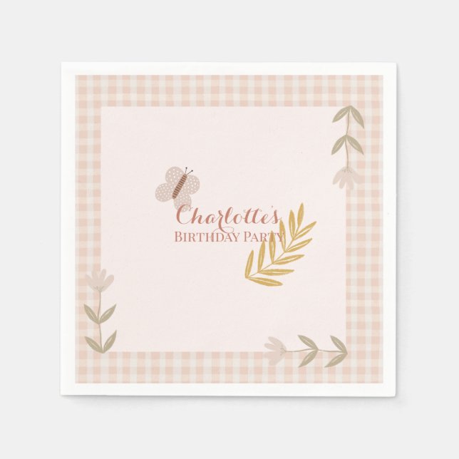 Girl Pink Gingham Wildblumen Butterfly Serviette (Vorderseite)