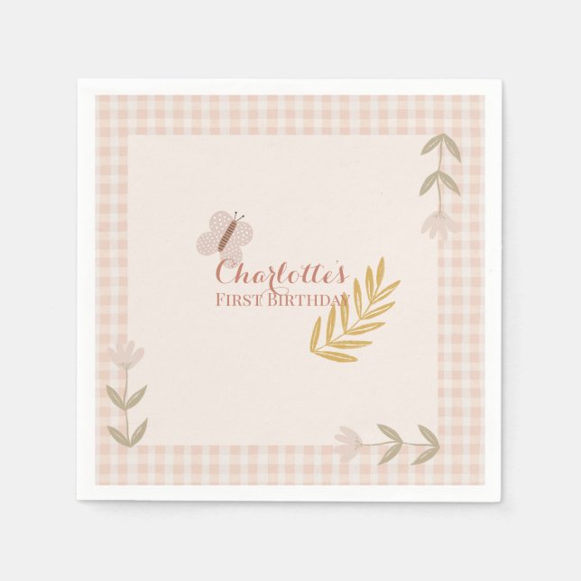 Girl Pink Gingham Wildblumen Butterfly Serviette (Vorderseite)