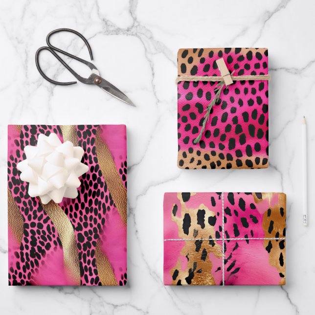Girl Pink Glam Gold Leopard Animal Print Geschenkpapier Set (Vorderseite)