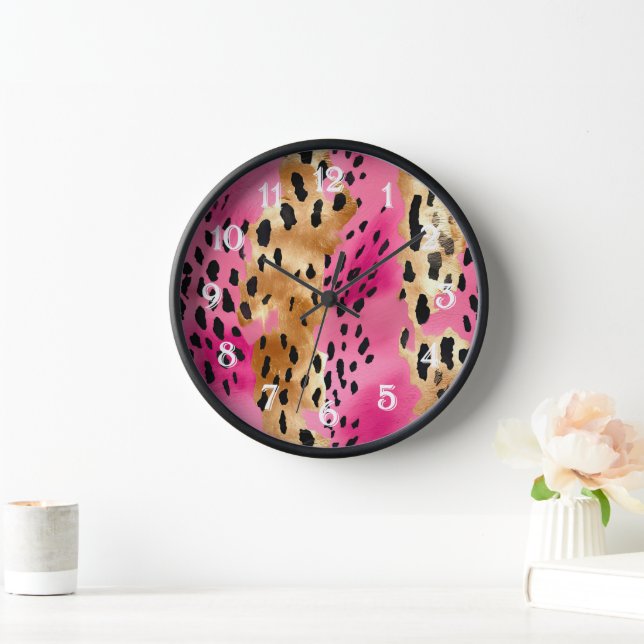 Girl Pink Glam Gold Leopard Print abstrakt Uhr (Zuhause)