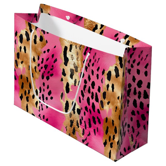 Girl Pink Glam Leopard Print Abstrakt Große Geschenktüte (Vorderseite Schrägansicht)
