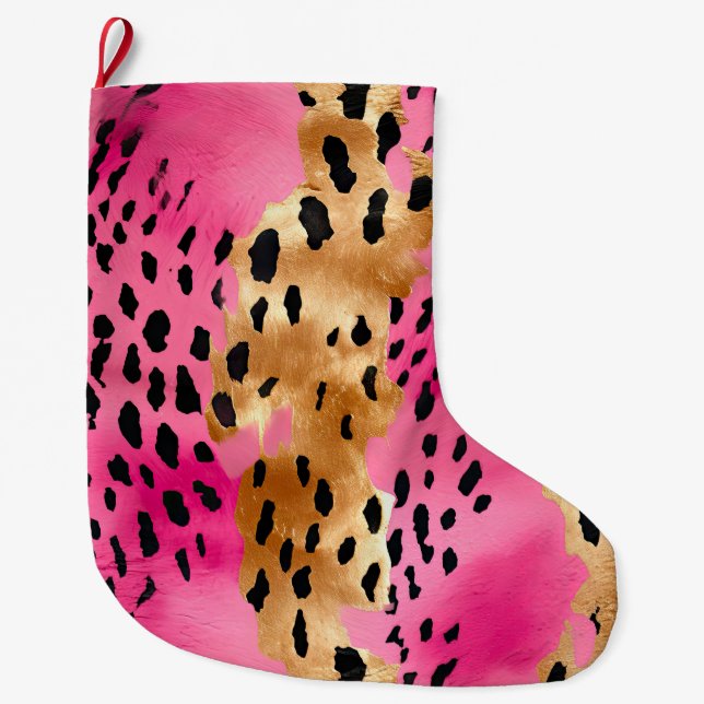 Girl Pink Glam Leopard Print Abstrakt Großer Weihnachtsstrumpf (Vorderseite)