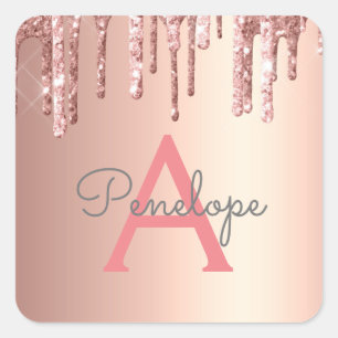 Girl Pink Glitzer Mit Monogramm Rose Gold Tropfen Quadratischer Aufkleber