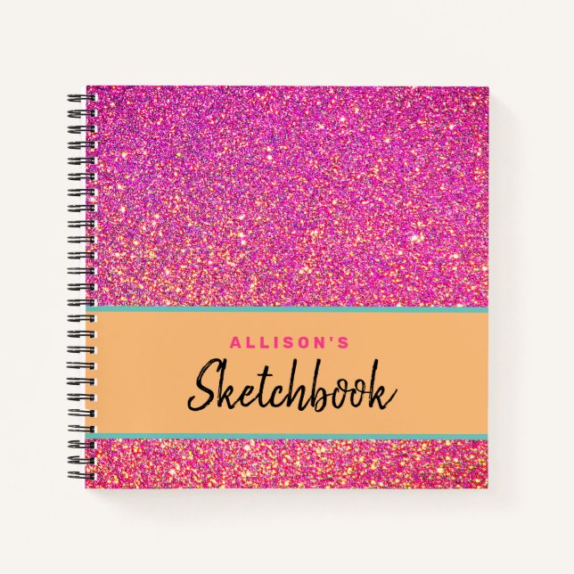 Girl Pink Glitzer Script Personalisiert Sketchbook Notizbuch (Vorderseite)