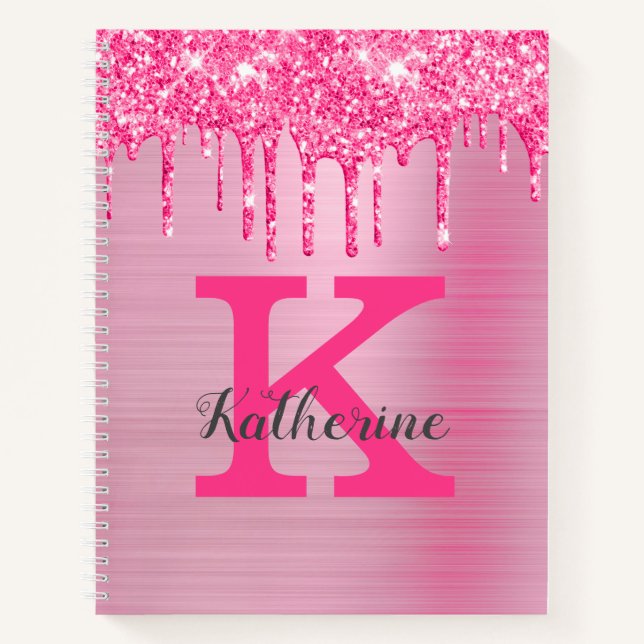 Girl Pink Glitzer Tropfen Chic Glam Monogram Name Notizbuch (Vorderseite)