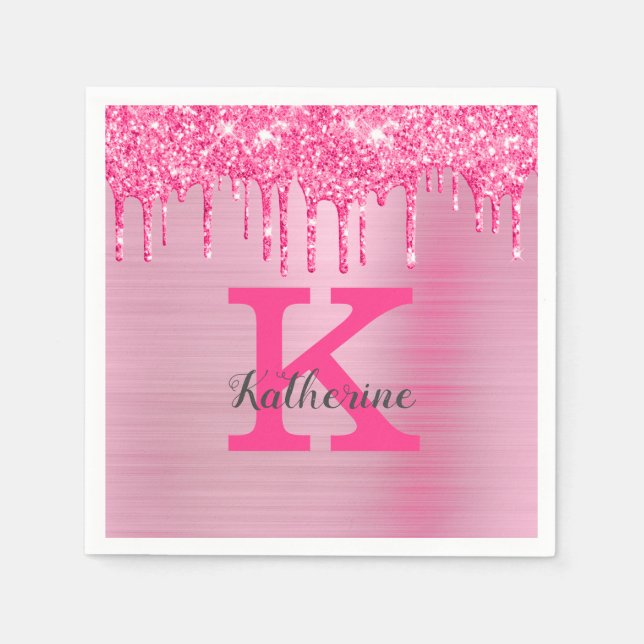 Girl Pink Glitzer Tropfen Chic Glam Monogram Name Serviette (Vorderseite)