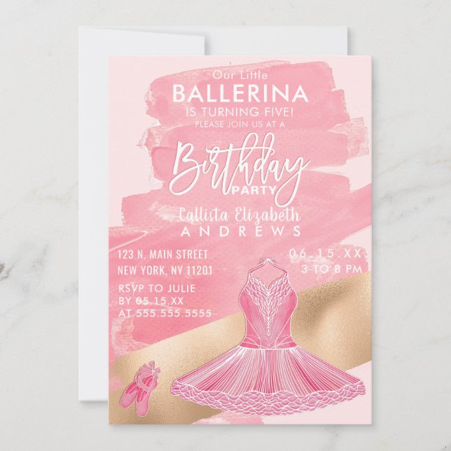 Girl Pink Gold Ballerina Brushstrokes Geburtstag Einladung (Vorderseite)