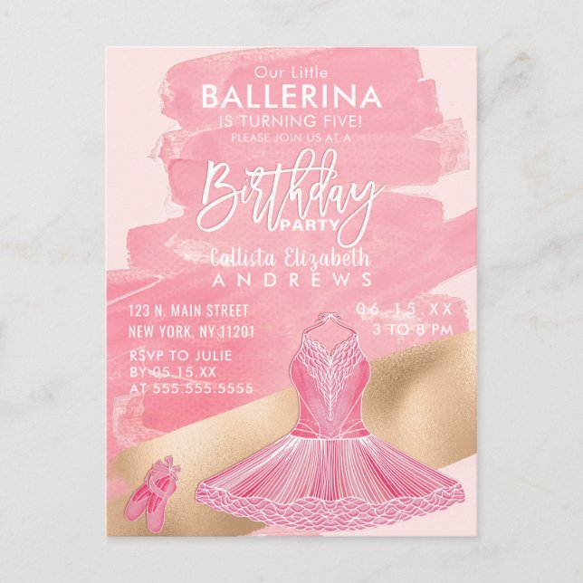 Girl Pink Gold Ballerina Brushstrokes Geburtstag Einladungspostkarte (Vorderseite)