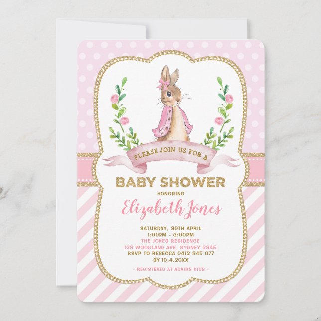 Girl Pink Gold Floral Bunny Rabbit Baby Dusche Einladung (Vorderseite)