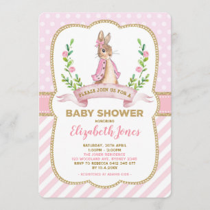 Girl Pink Gold Floral Bunny Rabbit Babydusche Einladung