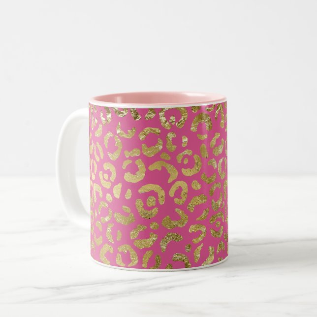 Girl Pink Gold Glam Leopard Print Zweifarbige Tasse (Vorderseite Links)