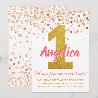 Girl Pink Gold Glitzer Confetti Erster Geburtstag Einladung