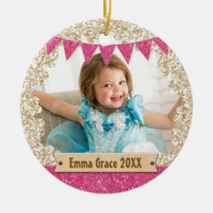 Girl Pink & Gold Glitzer Foto Keramik Ornament