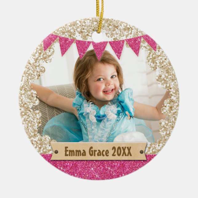 Girl Pink & Gold Glitzer Foto Keramik Ornament (Vorne)