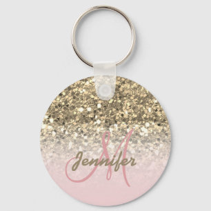 Girl Pink Gold Glitzer Glitzern Monogram Name Schlüsselanhänger