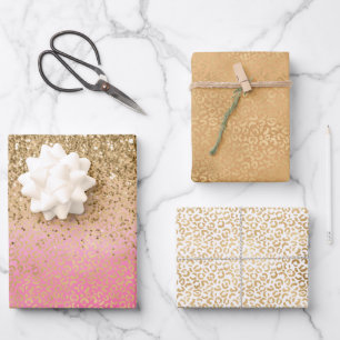 Girl Pink Gold Glitzer Leopard Print Geschenkpapier Set