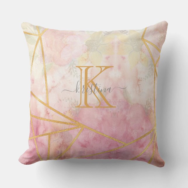 Girl Pink Gold Glitzer Sparkle Monogram Floral Kissen (Vorderseite)