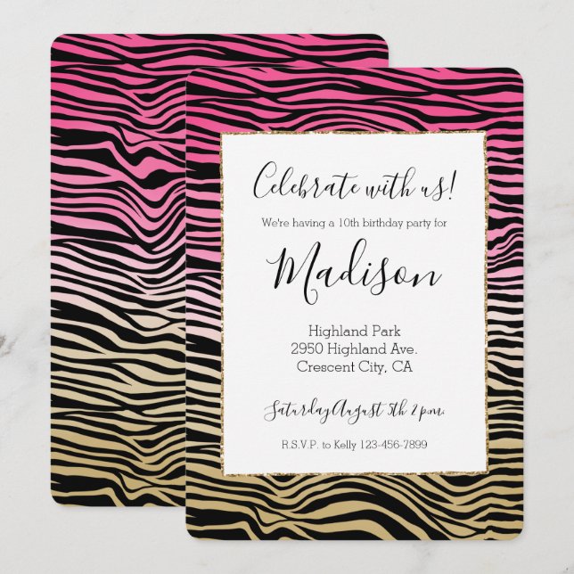 Girl Pink Gold Ombre Wasserfarbe Schwarz Zebra Pri Einladung (Vorne/Hinten)