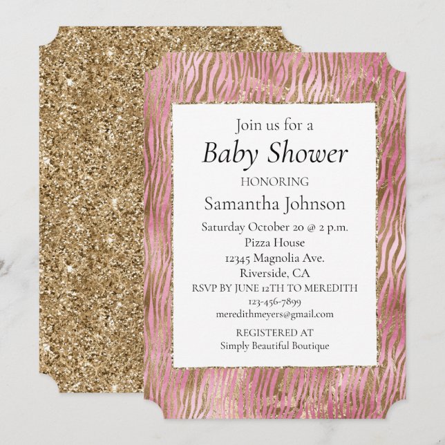 Girl Pink Gold Zebra Print Einladung (Vorne/Hinten)