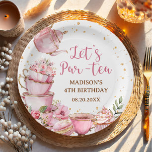 Girl Pink & Golden Floral Tee Party Geburtstag Pappteller