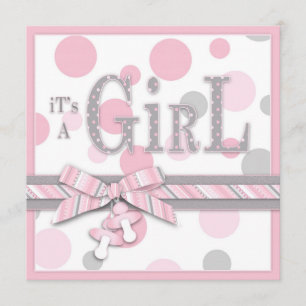 GIRL Pink Gray Dots Babydusche Einladung