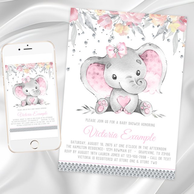 Girl Pink Gray Elephant Diamond Baby Dusche Einladung (Girl elephant baby shower invitation with cute baby elephant on a floral and diamond background.)