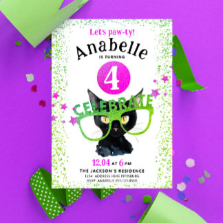 Girl Pink Green Black Cat Paw Glitzer Wasserfarbe Einladung