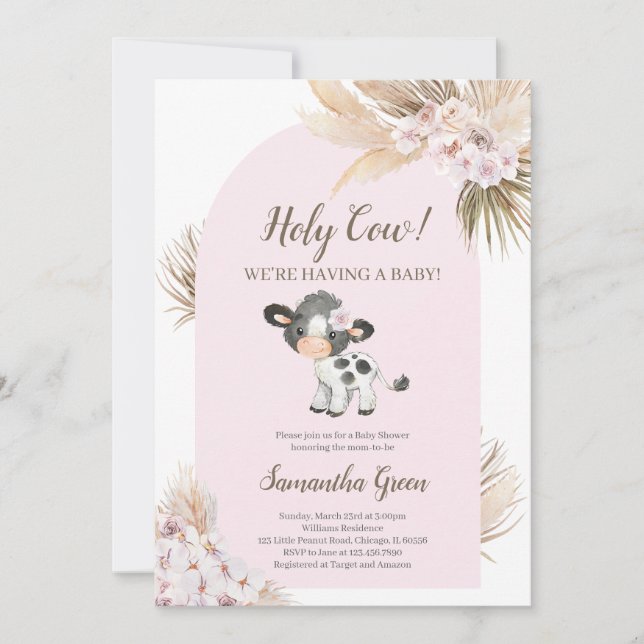 Girl Pink Holy Cow Baby Dusche Einladung (Vorderseite)