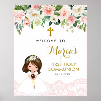 Girl Pink Lace Floral Erste Kommune Begrüßungszeic Poster