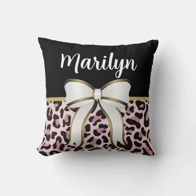 Girl Pink Leopard Print Girly Bow Name Rose Gold Kissen (Vorderseite)