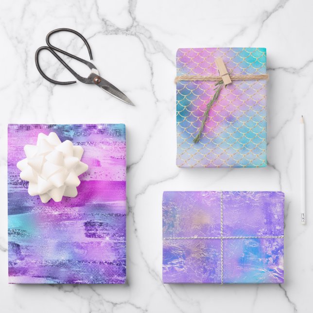 Girl Pink Lila Aqua Glitzy Meerjungfrau Streifen Geschenkpapier Set (Vorderseite)